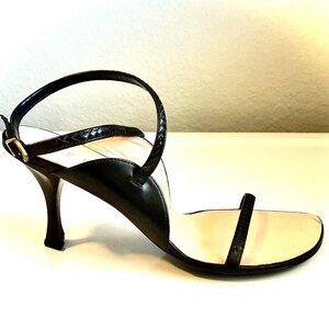 CELINE Italian Leather Black Reptile Embossed Heeled Sandals 7.5 MSRP $1200